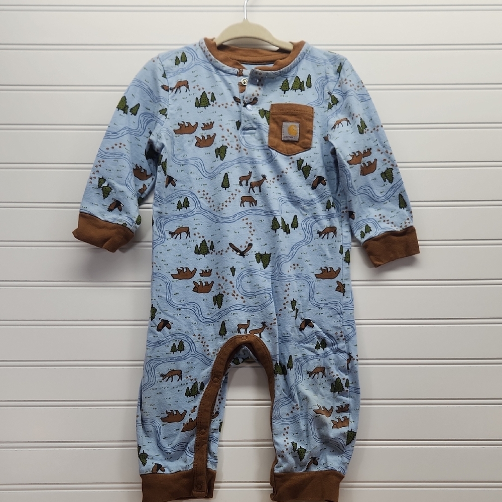 Carhartt Kids One Piece in Blue and Brown with Forest Print Size 9 Months